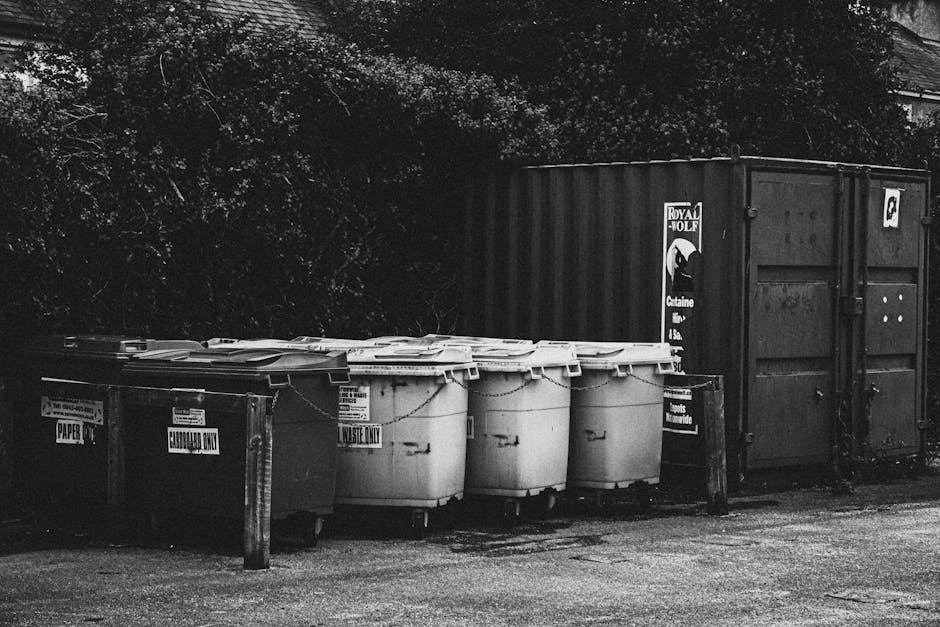 A row of four white plastic wheelie bins with closed lids, positioned on a paved surface in front of a dark, corrugated metal storage container or skip. The bins are situated beside a black wooden post and are labeled with signage indicating waste types, such as 'Ewaste Only' and 'Waste'. To the right of the bins, there is a large, rectangular metal shipping container or storage unit with vertical ridges, featuring weathered surface details and a handle on the rear door. Behind the bins and container, dense foliage from trees or shrubs is visible, casting shadow over the scene. The overall lighting appears natural, suggesting daytime under overcast or diffuse light conditions. The scene depicts an area set aside for private waste management or alternative rubbish collection, as managed by House Clearance Notting Hill, with the setting aligning with standards for professional rubbish removal services.